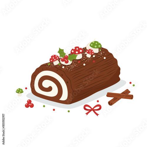 Festive holiday chocolate cake roll with mushrooms and holly
