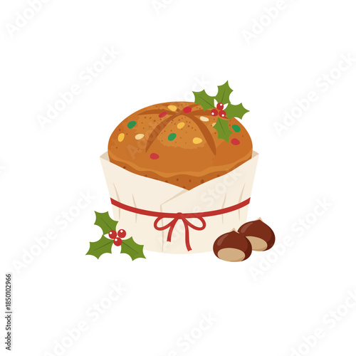 Delicious panettone cake with holly and chestnuts for Christmas
