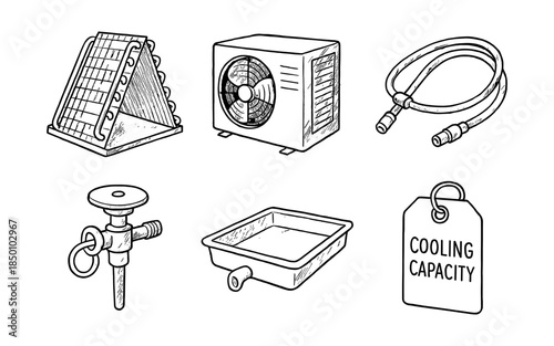 Hand-drawn hvac components and tools: coil, condenser, valves, vents, labels