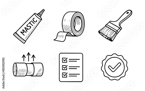 Hand drawn home repair icons: adhesive, tape, paintbrush, checklist, quality assurance