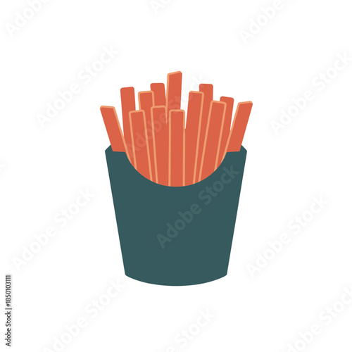 Delicious french fries in a green container on black background