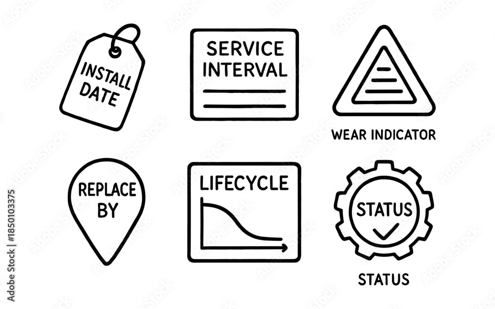 Obraz premium Maintenance reminder icons: service interval, lifecycle, wear indicator, and status symbols