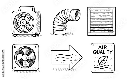 Hand drawn air ventilation elements with doodle style icons for hvac systems