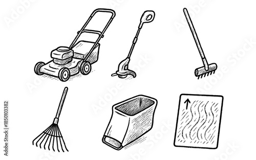 Hand drawn gardening tools set featuring lawn mower, rake, and grass trimmer