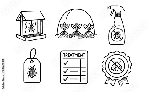 Hand drawn pest control set: traps, sprays, and methods for garden protection