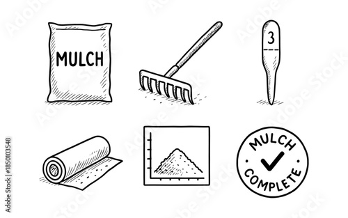 Hand drawn gardening tools and mulch set for landscaping design and home gardening