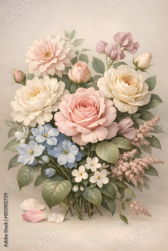 Romantic Vintage Floral Bouquet with Roses and Garden Flowers