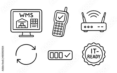 Warehouse management system icons including wms, handheld scanner, router, update, battery status, it ready badge in outline style