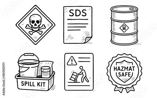 Hand-drawn safety symbols: hazmat, spill kits, and hazardous materials signage