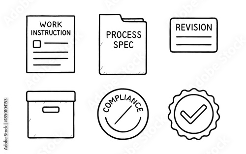 Hand-drawn document icons for business processes and quality control