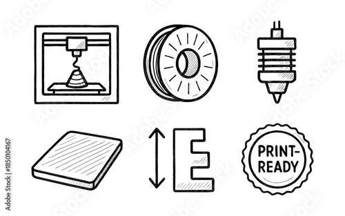 Hand-drawn 3d printing icons: equipment and tools in sketch style