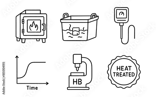 Industrial heat treatment icons: hardness testing and temperature control tools in linear style