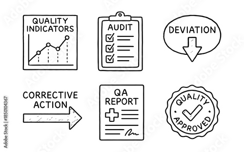 Hand drawn quality assurance icons for business and management