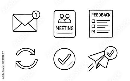 Hand drawn business icons including email, meeting, feedback, sync, checkmark, and paper plane