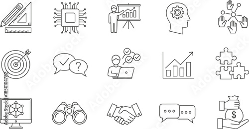 Minimal business strategy and teamwork line icons set featuring analytics planning innovation collaboration growth symbols for professional corporate interface design