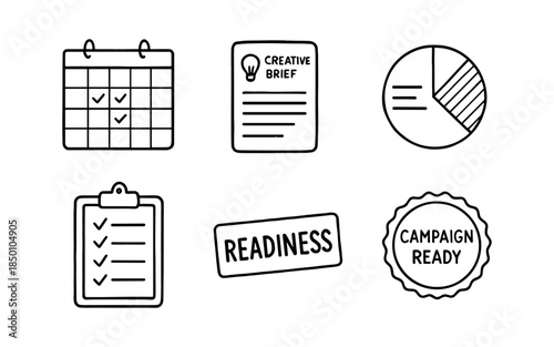 Simplified icons of planning and organization tools for project management