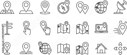 Minimal location navigation line icons set featuring map pins GPS compass globe route symbols for web app interface design