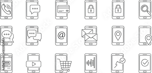 Minimal mobile app interface line icons set featuring communication payment security shopping media location features for smartphone UI design