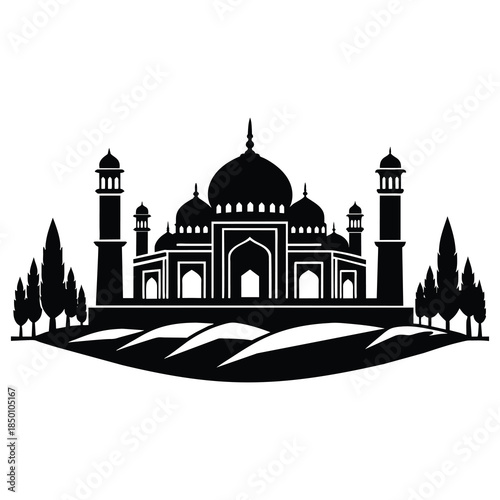 Taj Mahal Silhouette Illustration – Iconic Mughal Architecture in Black and White with Trees and Terrain