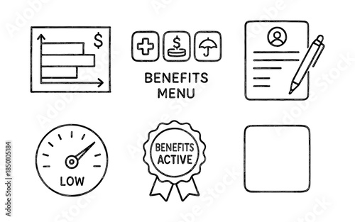 Hand-drawn benefits icons set with award, menu, and graph elements