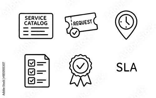 Minimalist service management icons: catalog, request, sla, checklist