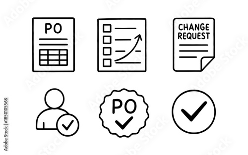 Business icons: purchase order, change management, approval, checklist, and verification