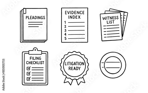 Legal document icons set featuring checklists and badges for courtroom preparation