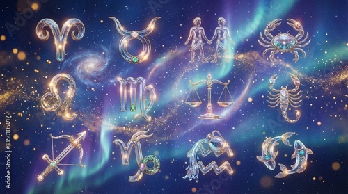 Twelve Zodiac Signs Astrology with Constellations, Symbols
