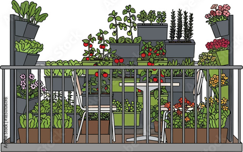 Urban balcony garden with vegetables and flowers on white background