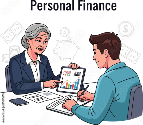 Personal finance consultation with older woman and younger man reviewing data