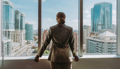 African American Businesswoman Looking at City Skyline from Office