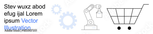 Automation, e-commerce, robotics, mechanical systems, production, shopping concepts. a robotic arm, gears and shopping cart. Automation and e-commerce concept in a minimalistic visual