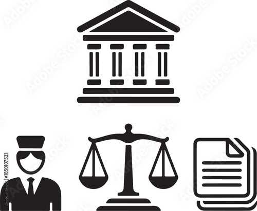 Law and justice symbols including building police officer scales and documents