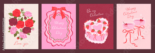 Hand drawn cards set of Happy Valentines Day. Vintage illustration with glasses of alcohol drinks, cake with strawberries, roses, bows. Trendy design for poster, cover, invitation, banner, decorations