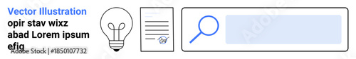 Creativity, research, information access, education, innovation, digital search. Light bulb, paper with text search bar with magnifier. Creativity and research concepts highlighted