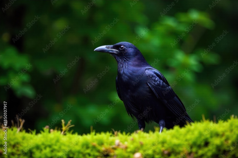Obraz premium black crow on the moss in the forest, panoramic view AI Generated black crow on the moss in the forest, panoramic view AI