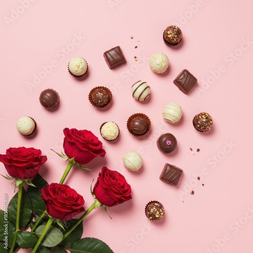 Elegant flat lay arrangement featuring delicious gourmet chocolates and fresh red roses scattered artfully on a beautiful soft pink surface ,overhead ,sweets ,Chocolate