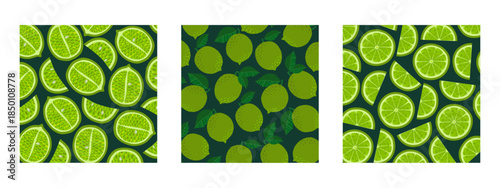 Set of botanical backgrounds featuring various whole limes, halves, and slices. Ideal for summer sales, organic product ads, juice packaging, kitchen elements, wallpapers, posters, or other designs.