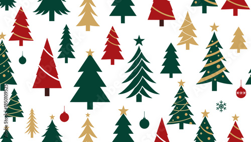 Christmas tree pattern with red and green decorations on white background  