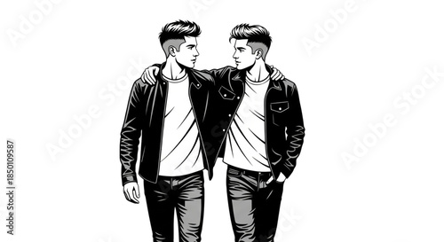 Confident Young Men Walking Together Friendship Support Brotherhood Casual Style