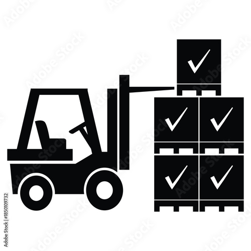 Forklift Icon Lifting Verified Boxes in Warehouse