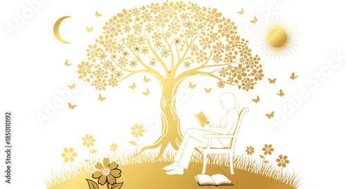 Golden Tree of Knowledge, Reading Serenity, Summer Relaxation, Wisdom, Learning, Peaceful Escape, Dreamy Atmosphere