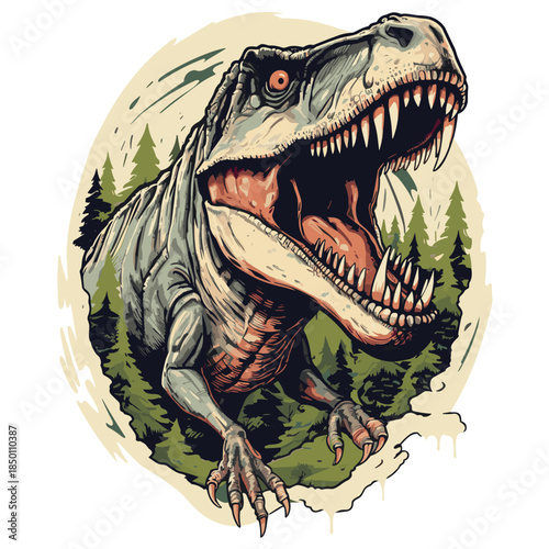 Tyrannosaurus Rex Roaring in Prehistoric Forest Illustration