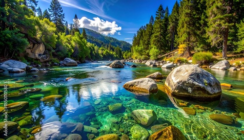 Clear, shimmering river flowing through a forested valley, rocks beneath the surface visible in the sunlight