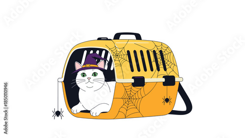 A cute white cat wearing a witch hat for Halloween sits inside a yellow pet carrier decorated with spiders and cobwebs.