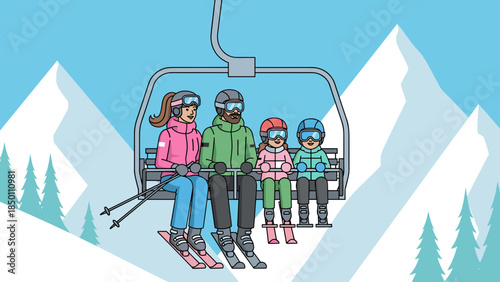 Family skiing together while riding a chairlift in the mountains  