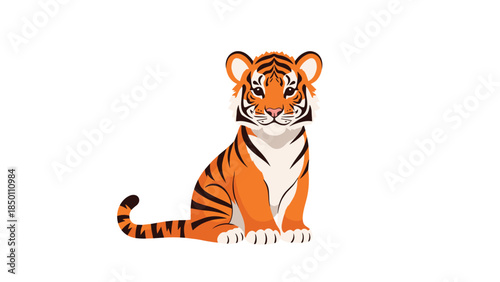 Adorable baby tiger cub sitting and looking forward with a friendly expression, presented as a cute cartoon character illustration.
