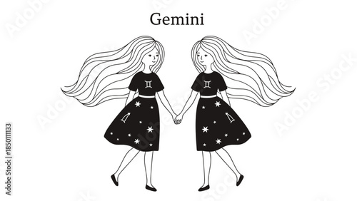 Charming black and white doodle of the Gemini zodiac sign, represented by two twin girls with long hair holding hands.