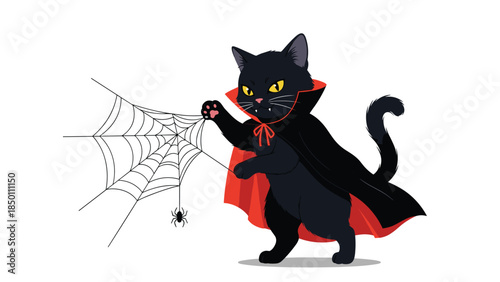 Cute black cat dressed in a vampire costume with a red-lined cape, touching a spiderweb for a fun Halloween character design.
