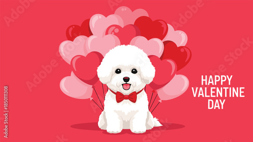 Adorable white Bichon Frise dog with a red bow tie sitting in front of pink and red heart-shaped balloons for Valentine's Day.